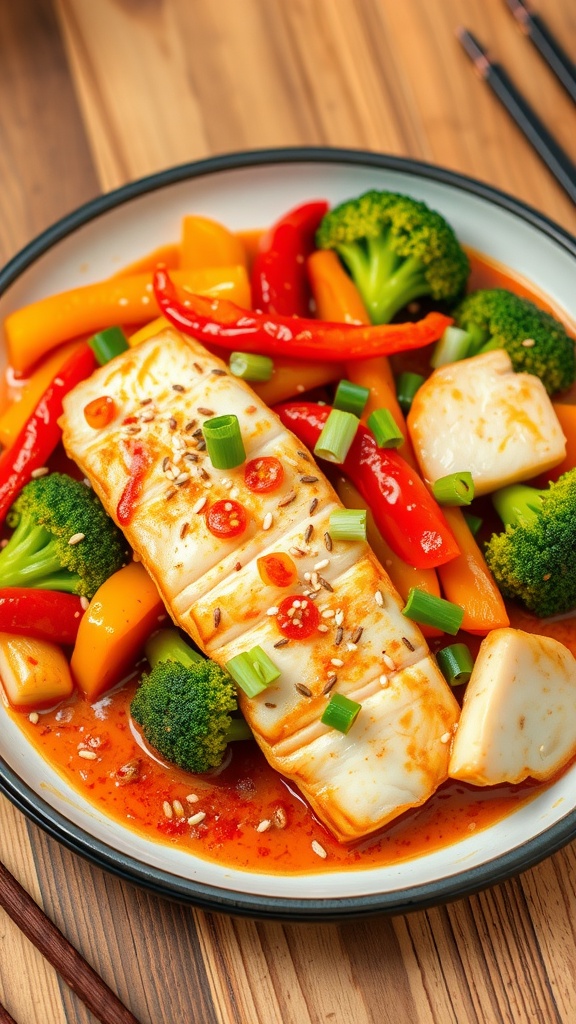Spicy Korean tilapia stir-fry with bell peppers and broccoli, garnished with green onions and sesame seeds on a wooden table.